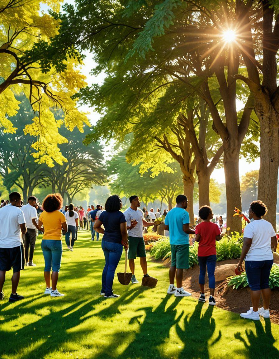 A diverse group of people gathered in a park, engaging in various community outreach activities like planting trees, smiling and sharing food, and helping each other, showcasing a sense of brotherhood and unity. The background features colorful banners promoting community ties, with sunlight filtering through the trees, creating a warm and inviting atmosphere. vibrant colors. super-realistic.