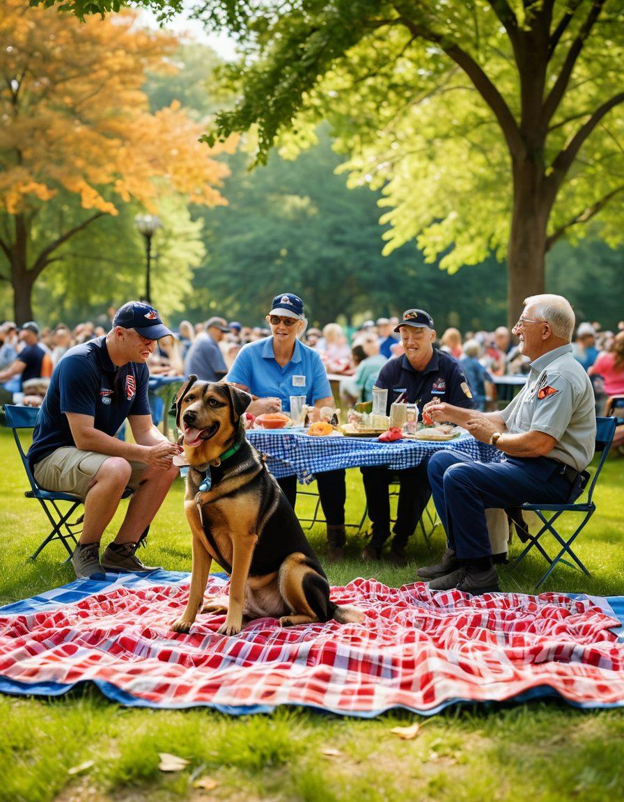 A heartfelt scene depicting a diverse group of military veterans interacting warmly with community members, showcasing a picnic setting in a sunlit park. Include elements like flags, children playing, and service dogs, symbolizing unity and support. The emotional expressions should convey connection and gratitude. Use bright, uplifting colors to enhance the warmth of the moment. super-realistic. vibrant colors. natural setting.