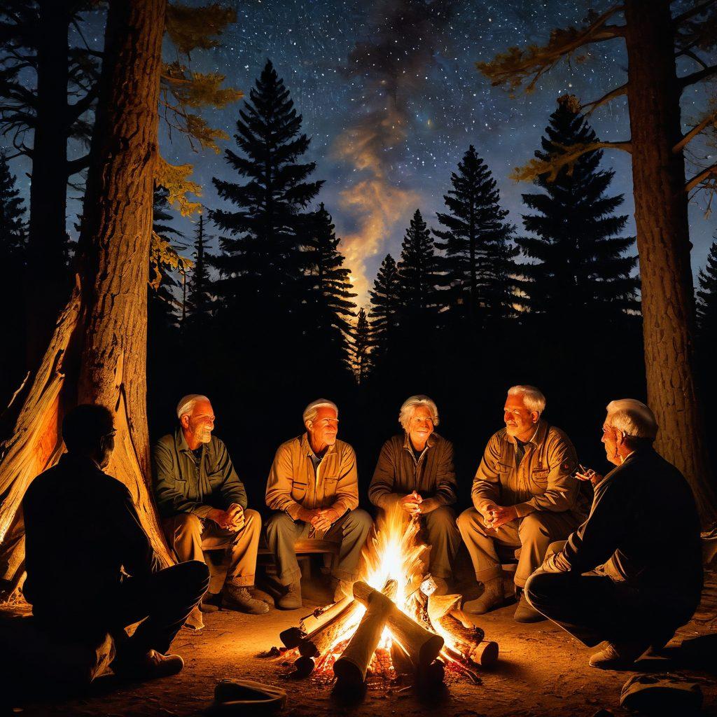 A warm, inviting scene of a diverse group of veterans sharing stories around a campfire, depicting emotions of compassion and camaraderie. Soft, golden light illuminates their faces, showcasing the depth of their experiences and the bonds formed. In the background, silhouettes of trees and a starry night sky create a serene atmosphere. Emphasize the comforting connection among the individuals. soft painting style. warm colors. natural setting.